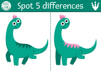 Find differences game for children. Dinosaur educational activity with brachiosaur. Puzzle for kids with little ancient animal. Printable worksheet, page for attention skills with diplodocus
