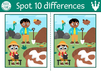 Find differences game for children. Dinosaur educational activity with paleontologists on the dig and camp landscape. Puzzle for kids with archeologists. Printable worksheet, page