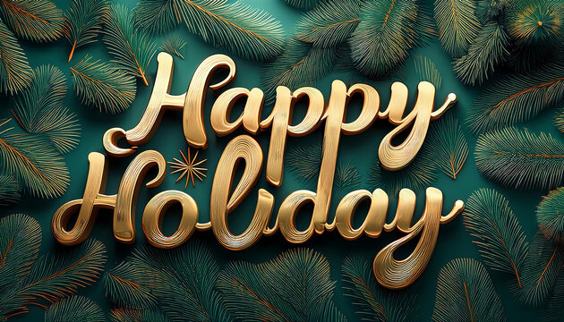 Happy Gold script has a festive duotone evergreen branches background for holidays. _1(381)