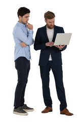 Two men standing and looking at a laptop together and discussing business plans isolated on white background