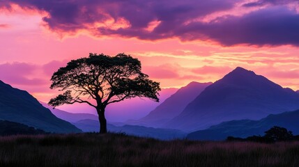 Obraz premium A solitary tree stands silhouetted against the vibrant sunset, with mountains rising in the background, capturing the beauty of nature