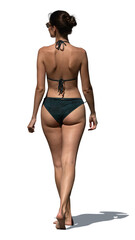 Woman in a black bikini walking back to the camera isolated on white background