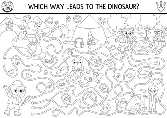 Fototapeta premium Dinosaur black and white maze. Coloring page with cute paleontologists. Prehistoric line printable activity with kids on a dig. Dino land labyrinth game with archaeologists, fossils, camp