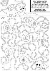 Dinosaur black and white maze for kids. Coloring page with ancient world landscape. Prehistoric line printable activity. Dino land labyrinth game, puzzle. Help triceratops bring leaves to baby