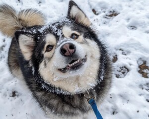 Naklejka premium Playful Alaskan Malamute in Snowy Landscape