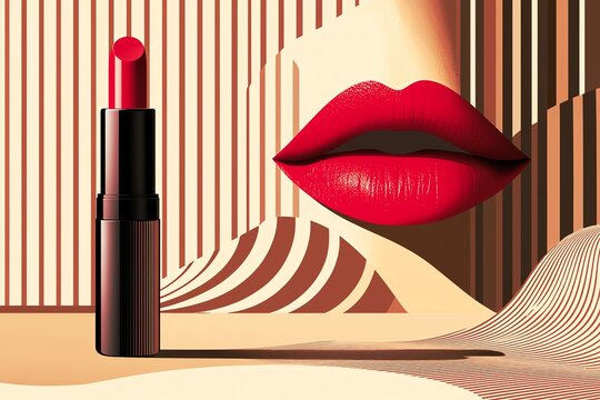 Vibrant red lipstick stands prominently alongside luscious lips, showcasing beauty and elegance in this artistic makeup composition.