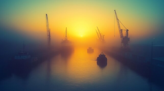 Foggy harbor scene