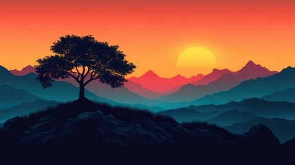 Fototapeta premium A stunning silhouette of a lone tree standing tall against the backdrop of a glowing sunset, with majestic mountains fading into the horizon