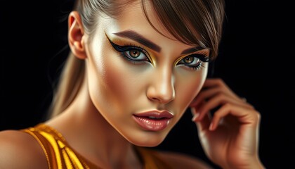 Fototapeta premium Radiant Glamour: Close-Up Portrait of a Woman with Exquisite Makeup