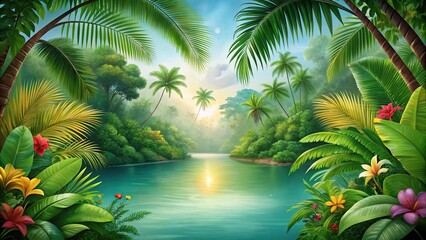 Fototapeta premium Tropical jungle scene with river reflection