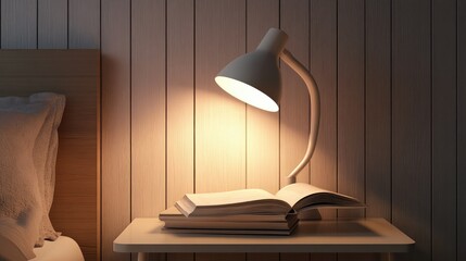 A stylish white desk lamp lights up a stack of books on a simple bedside table, casting a soft glow over the scene