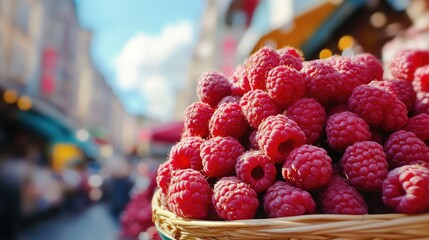 A vibrant market scene with fresh organic raspberries on display, promoting healthy eating and local farming initiatives.
