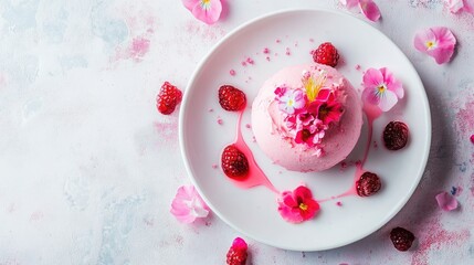 A vibrant pink dessert with a floral accent on a minimalist white dish, perfect for gourmet dining inspiration.