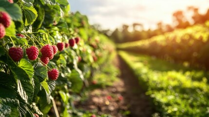 Obraz premium A vibrant raspberry farm in full bloom, showcasing rows of lush green plants with ripe, juicy raspberries ready for harvest.