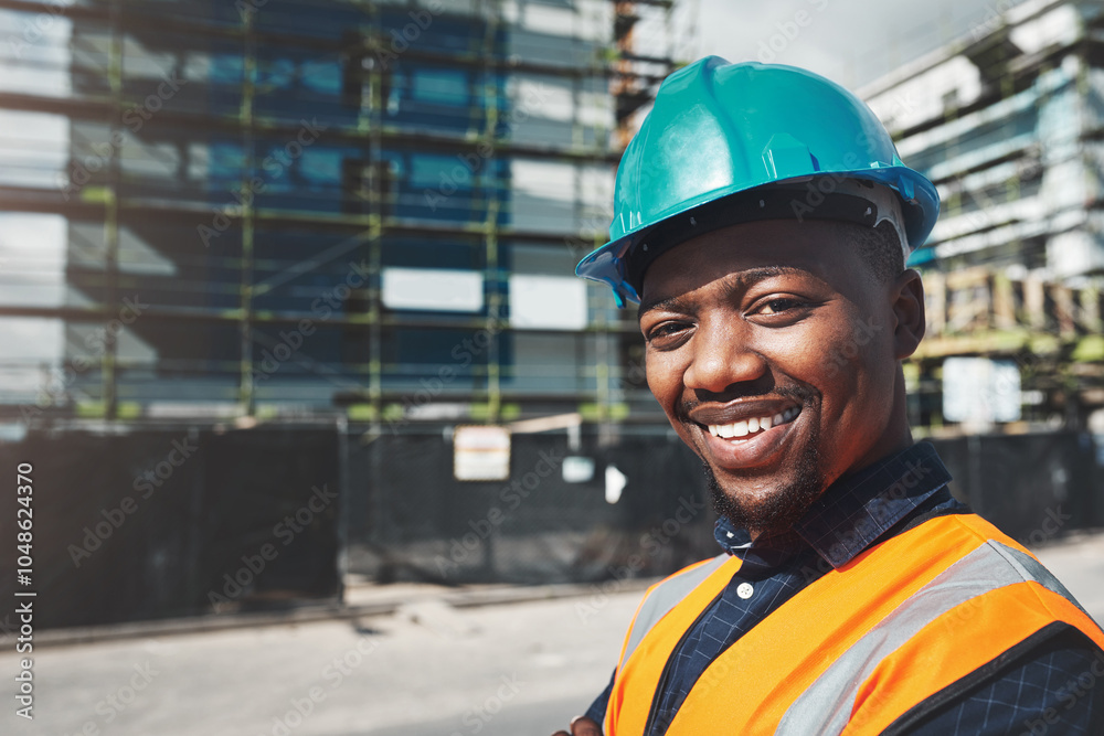 Aufkleber smile, portrait and engineering with black man on construction site for project management and build