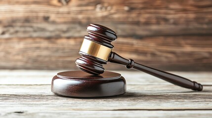 Obraz premium Close-up of a gavel on a wooden desk, symbolizing authority and importance of election rules, with copy space for text or design.