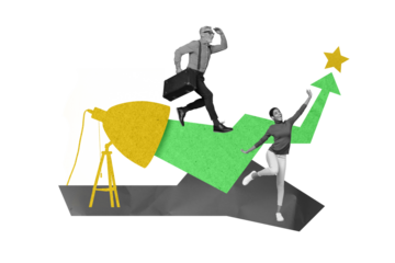 Composite collage picture image of two funny people funny dancing girl running old man achieve goal arrow lamp light reach dream star