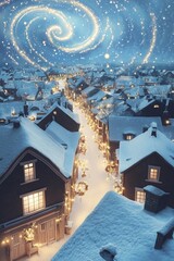 Fototapeta premium Snowy town with magical sky swirls and festive lights