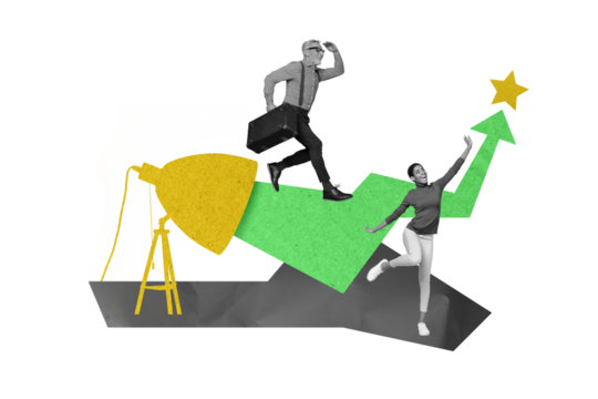 Composite collage picture image of two funny people funny dancing girl running old man achieve goal arrow lamp light reach dream star