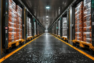 Fototapeta premium A Long Corridor Lined With Pallets of Wrapped Carrots in a Warehouse