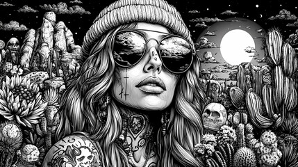 A seamless line art pattern in hippie style, featuring peace signs, flowers, hearts, and groovy wave designs. 