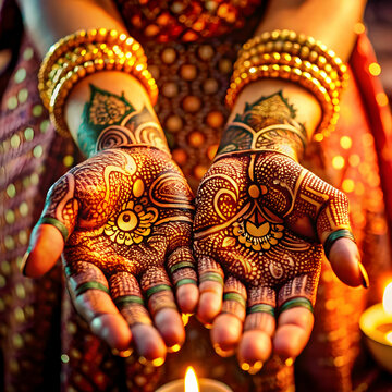 Close-ups of intricate henna (mehndi) designs on hands