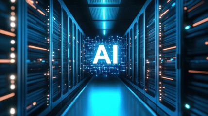AI data center with glowing server lights