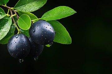Fresh Black Olives with Raindrops on Leaves