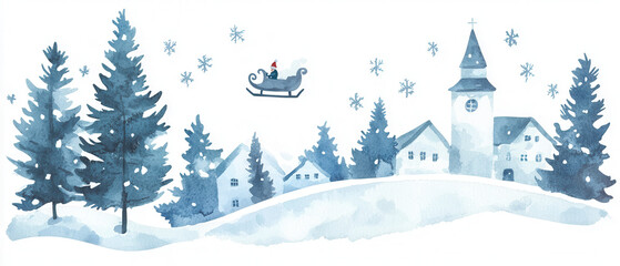 Fototapeta premium A serene winter scene featuring a snowy landscape, quaint houses, tall pine trees, and a sleigh flying in a snowy sky.
