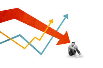 Collage 3d image of pinup pop retro sketch of unhappy man arrow point down career goal surrealism template metaphor artwork concept