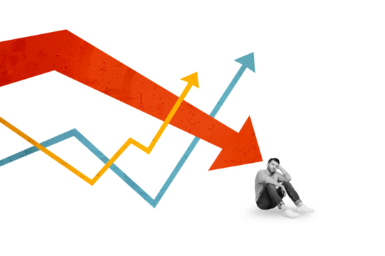 Collage 3d image of pinup pop retro sketch of unhappy man arrow point down career goal surrealism template metaphor artwork concept
