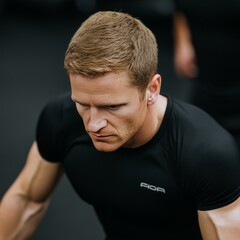 A focused man exercising in a gym setting, showcasing determination.