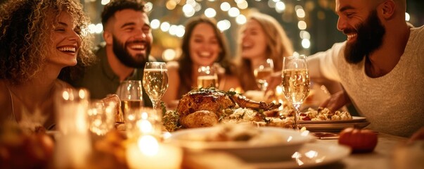 Obraz premium A close group of friends bonding over a Thanksgiving meal, sharing laughter and stories, warm lighting and cozy fall atmosphere