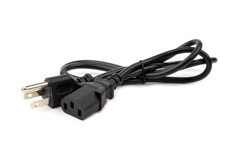 PC power cord, 3-pin receptacle socket on white background, selective focus