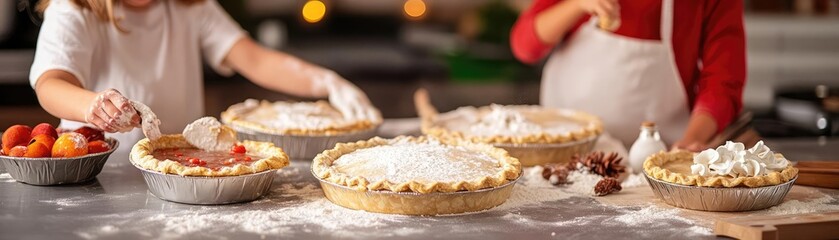 A group of children baking pies for Thanksgiving, flour-covered hands, giggles, and warm kitchen lighting, reflecting the joy of cooking together