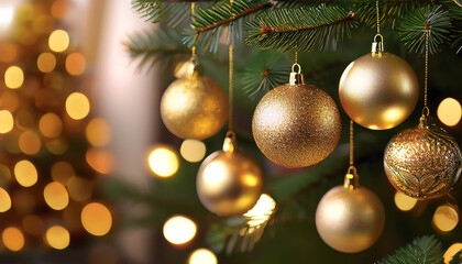 Fototapeta premium Golden ornaments hang from a Christmas tree with gold accents. _1(353)