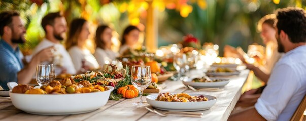 Annual fall reunion of close friends, sharing seasonal dishes at a beautifully decorated outdoor Thanksgiving table under vibrant autumn leaves