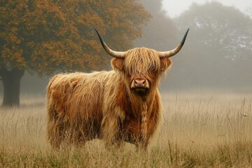 Highland Cow with Long Shaggy Fur in Misty Landscape