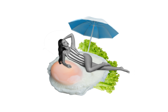 Composite collage image of beautiful female swimwear lying fried egg cooking eating food surrealism template metaphor artwork concept