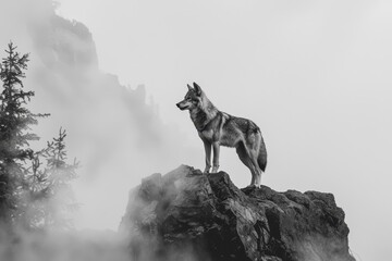 Fototapeta premium Lone Wolf on Rocky Cliff in Misty Landscape