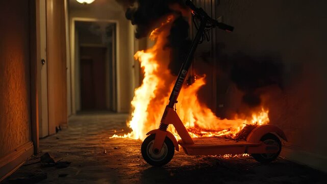 An electric scooter has caused a fire to ignite in an indoor hallway, resulting in a hazardous emergency situation