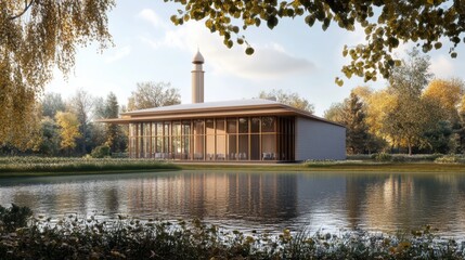 Obraz premium Modern mosque by a pond with autumn trees.