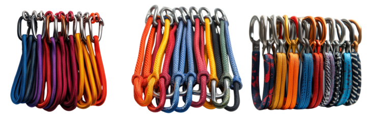 Colorful climbing slings arranged in a row on a transparent background

