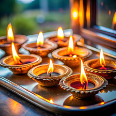 Close-ups of thalis (prayer plates) adorned with diyas