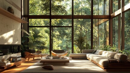 Fototapeta premium Cozy Modern Living Room with Large Windows and Nature View
