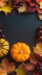 Autumn Decor with Pumpkins, Leaves, Grapes, and Dried Oranges
