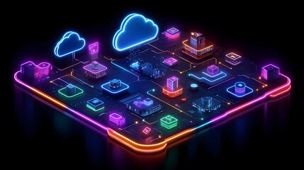 Fototapeta premium Advanced AI system optimizing workflows, data streams, integrated tools, vibrant blue and green neon accents