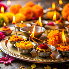 Close-ups of thalis (prayer plates) adorned with diyas