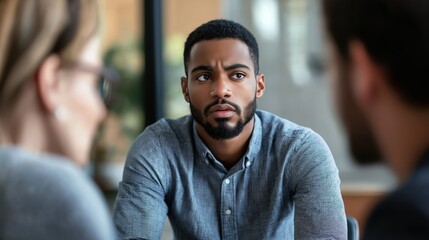 Obraz premium A biracial man leads a discussion with colleagues in a contemporary office environment
