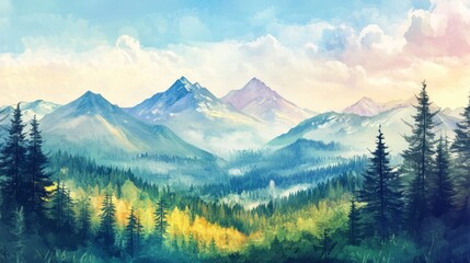 Obraz premium A painting of a mountain range with a blue sky and trees